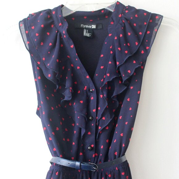 Forever 21 Navy Blue Red Heart Pattern Sleeveless Belt Ruffle Midi Dress Small - Picture 1 of 7